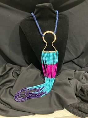 Turquoise & Magenta Beaded Tassel Necklace with Gold Accent
